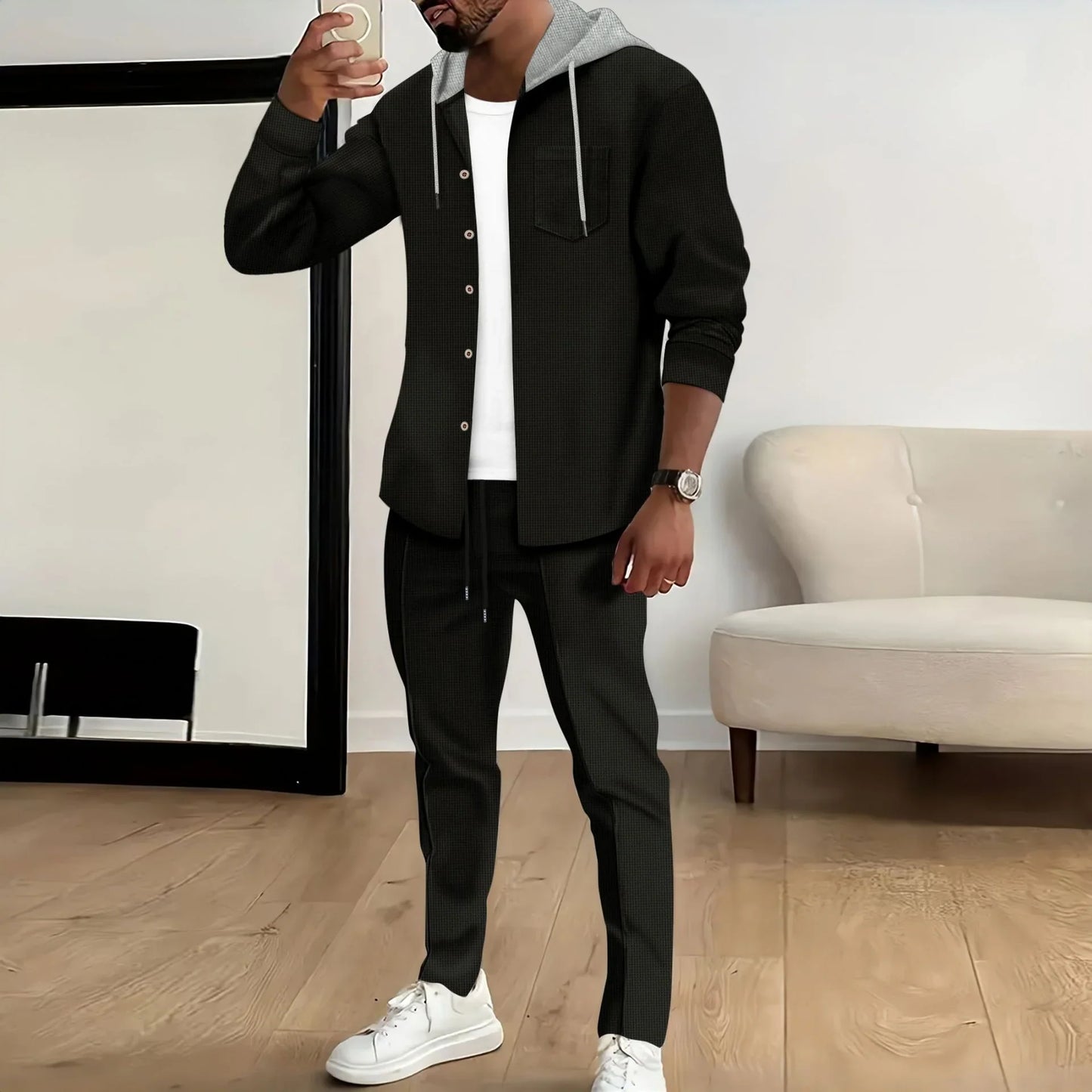 Ensemble veste à capuche et pantalon homme – Coupe décontractée – Coton – Fermeture boutonnée – Taille à cordon