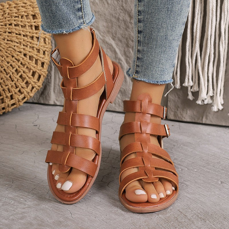 Sandales femme plates – Similicuir – Style romain – Bout ouvert – Boucles réglables
