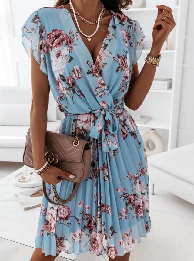 Robe femme midi – style portefeuille – manches volantées – imprimé fleuri – col V