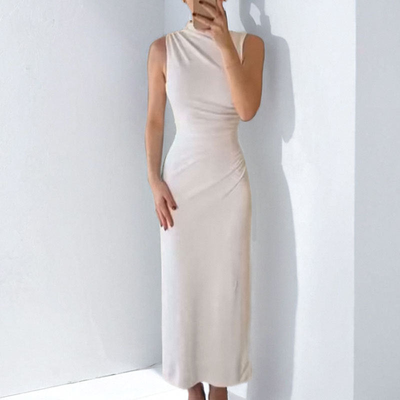 Robe longue femme – Coupe ajustée – Col montant – Sans manches – Froncée élégante