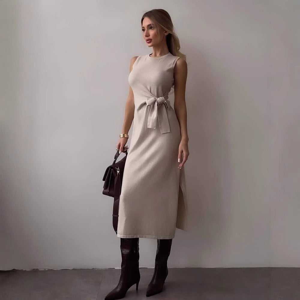 Robe midi femme – Coupe ajustée – Sans manches – Nœud à la taille – Tissu stretch