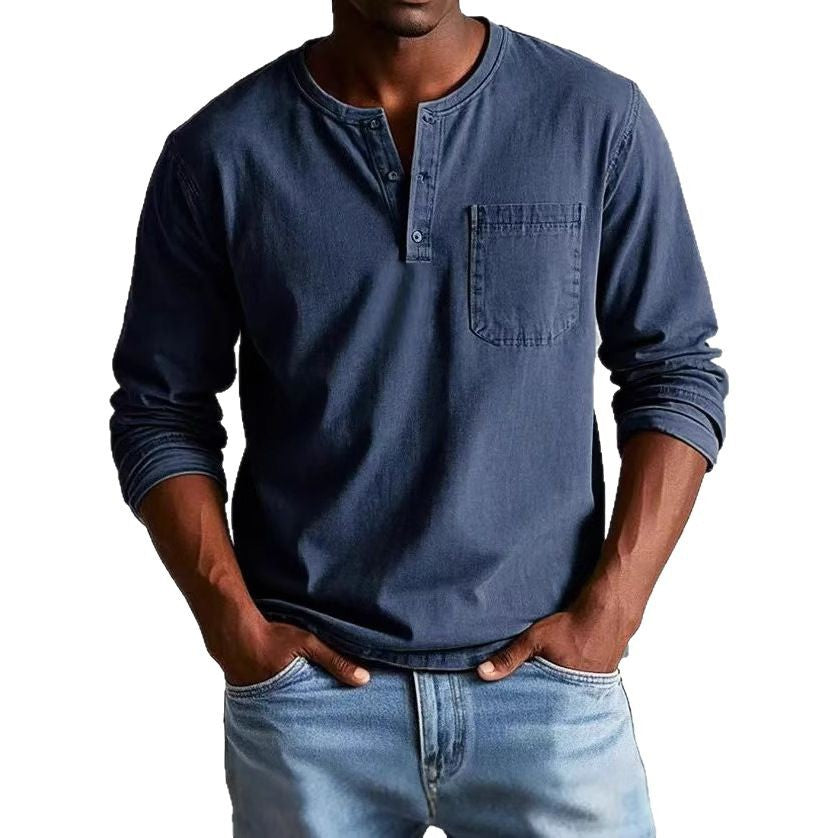 T-shirt manches longues homme – Coupe slim – Tissu respirant – Col boutonné avec poche