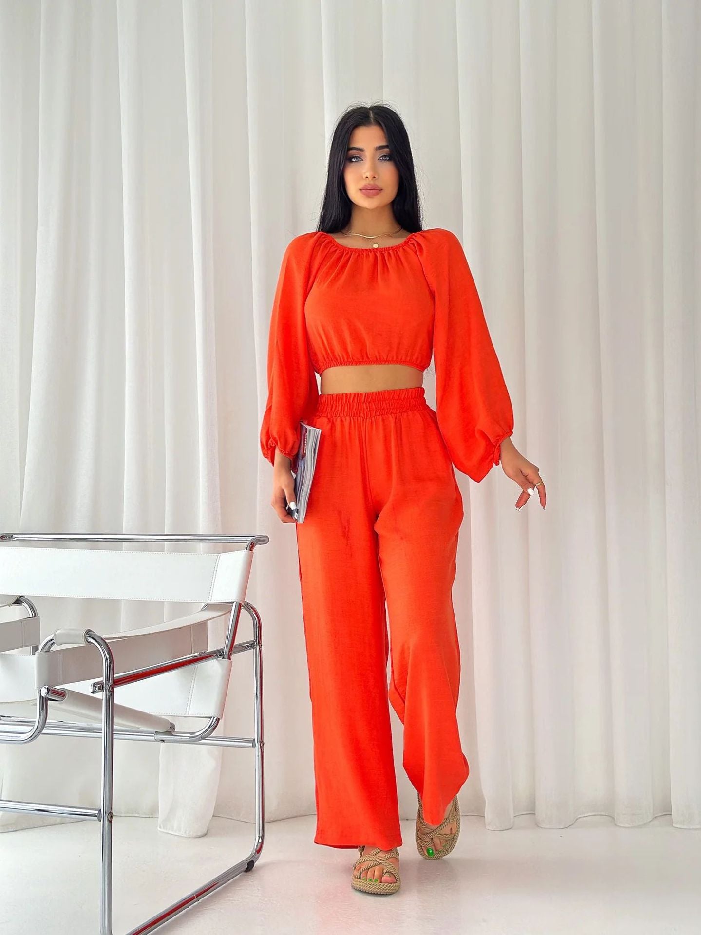 Ensemble Femme Deux Pièces – Top Épaules Dénudées – Manches Longues – Pantalon Large Taille Haute