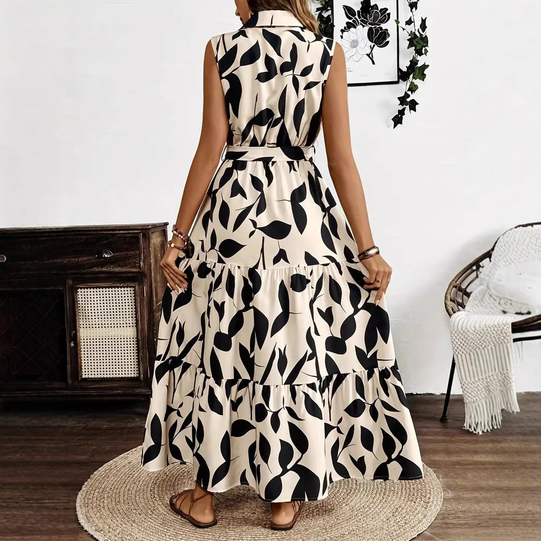 Robe longue femme – Coupe évasée – Sans manches – Col chemise – Imprimé feuillage