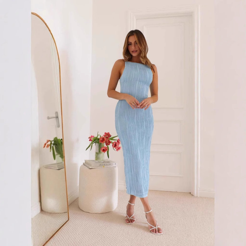 Robe femme sans manches – Coupe moulante – Dos nu – Texture effet ondulé – Longueur midi