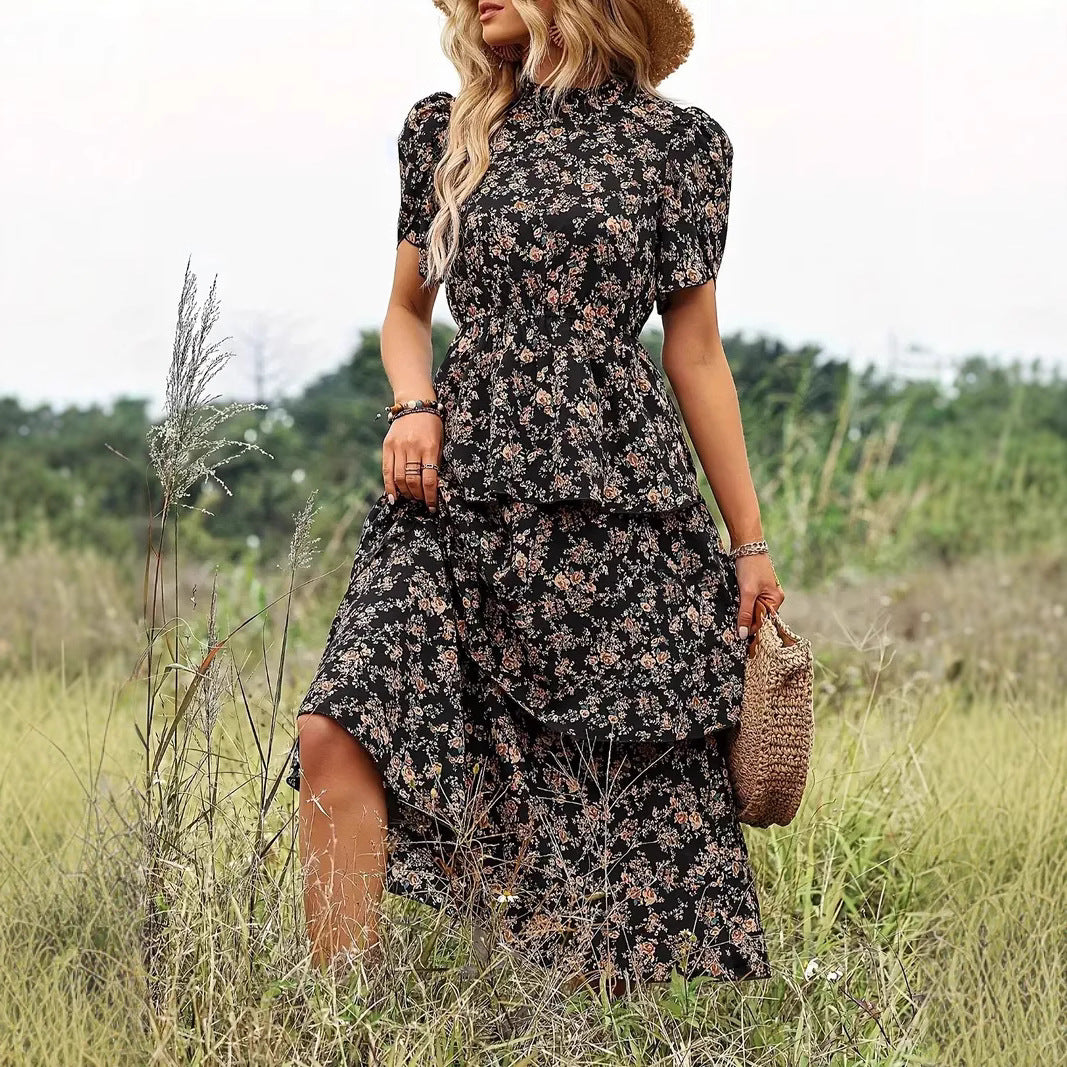 Robe midi femme – Coupe fluide – Imprimé fleuri – Manches bouffantes – Taille marquée