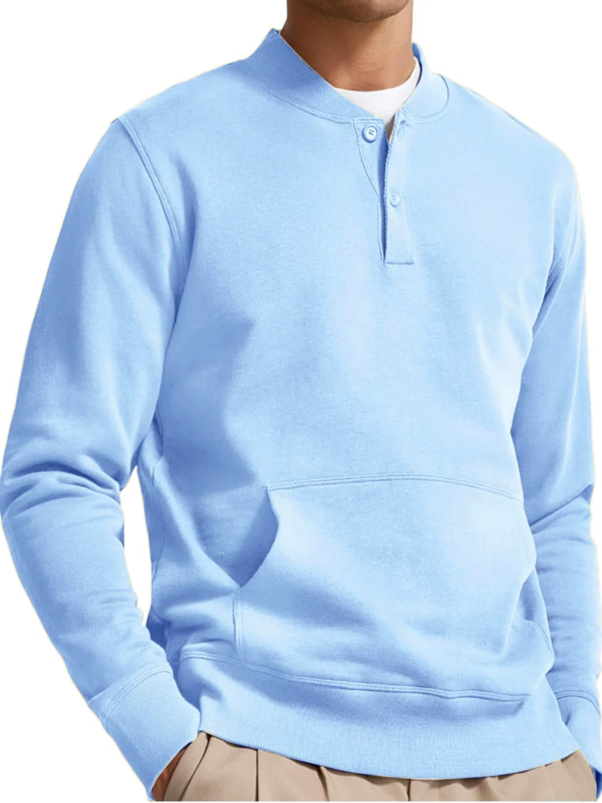 Sweatshirt homme – Coupe droite – Col boutonné – Poche kangourou – Coton doux