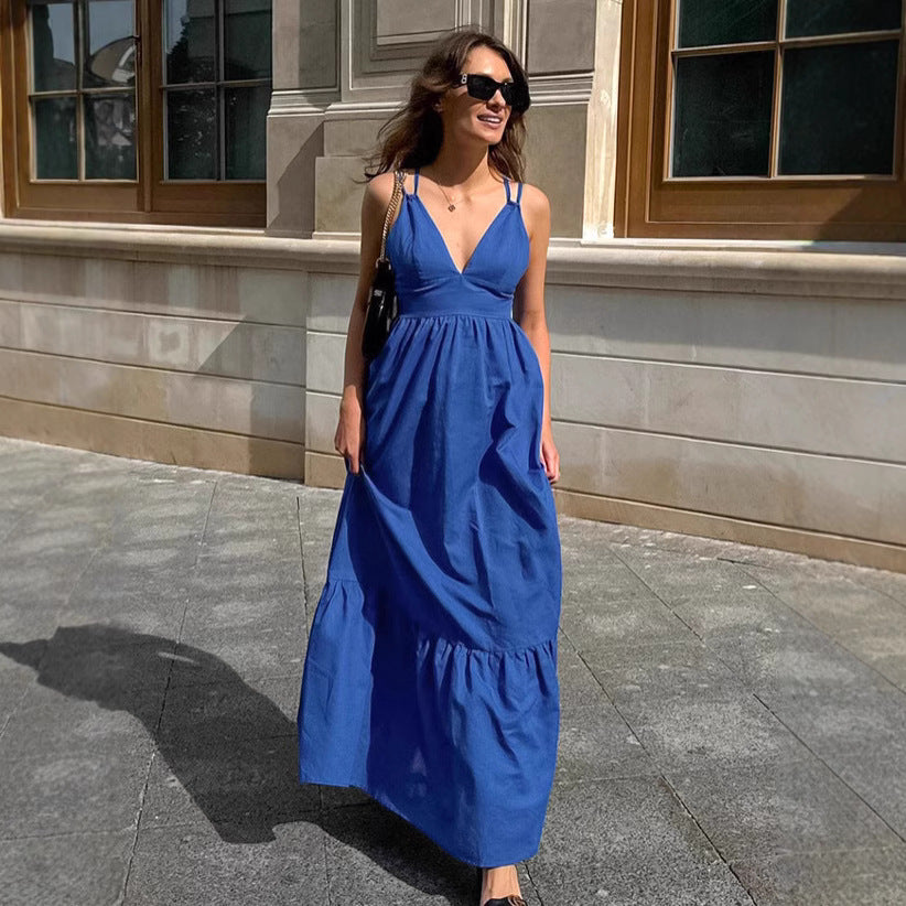 Robe longue femme – Coton lin – Sans manches – Coupe évasée – Col en V