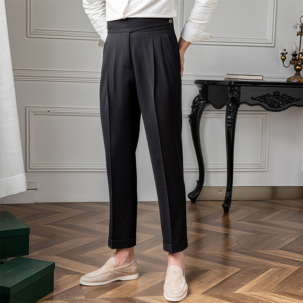 Pantalon plissé homme – Taille haute – Coupe slim – Longueur cheville – Look habillé