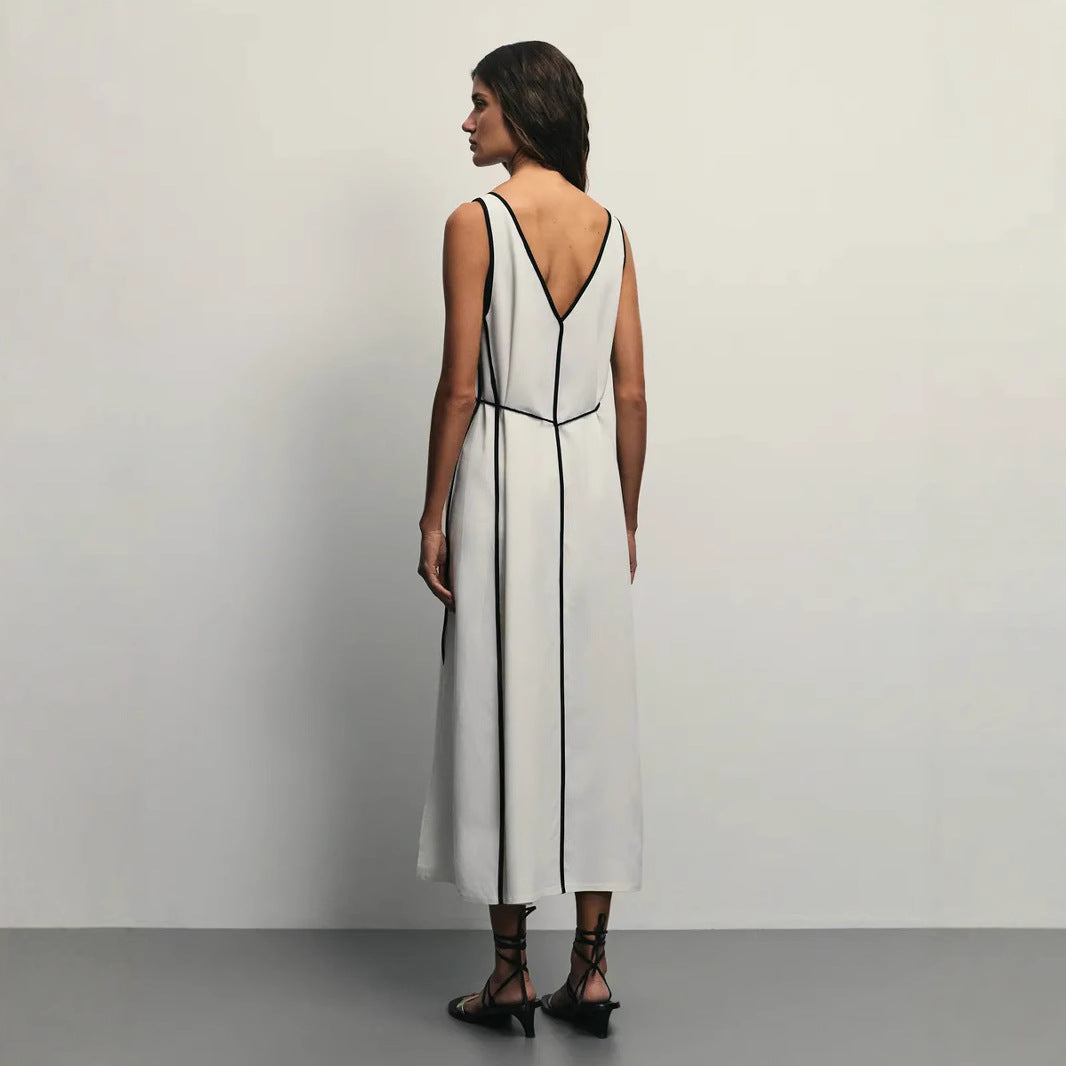 Robe sans manches femme – Coupe évasée – Col en U – Ceinture taille – Tissu léger breathable