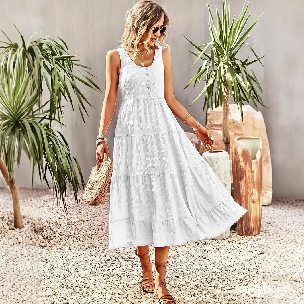 Robe longue femme – Sans manches – Coupe évasée – Coton léger – Jupe à volants – Boutons