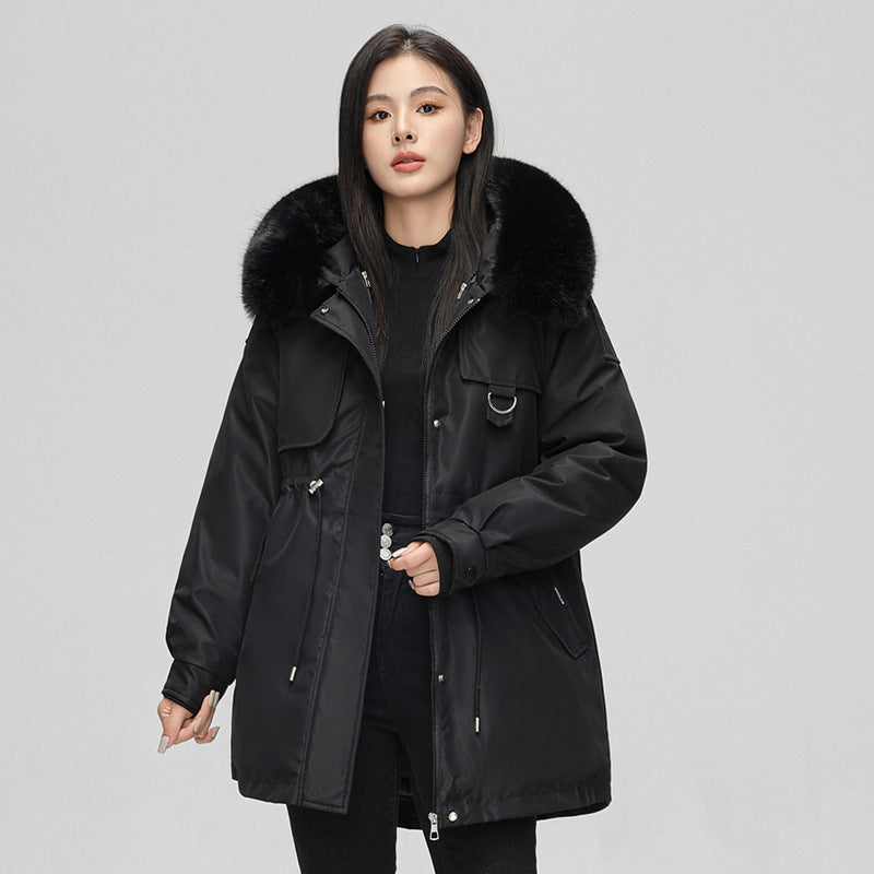 Veste parka femme – Coupe oversize – Capuche fausse fourrure – Taille ajustable