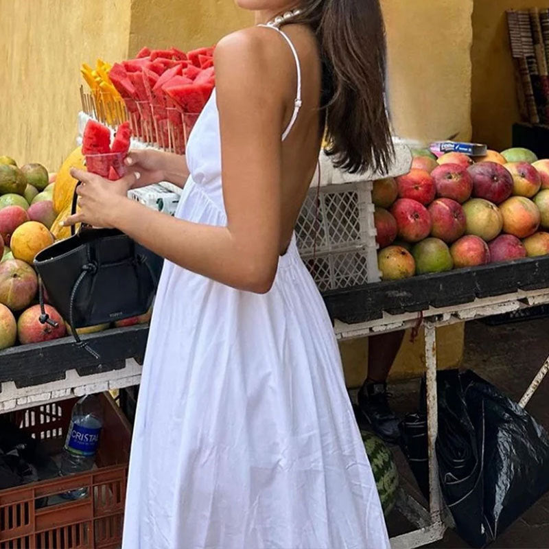 Robe longue femme – Décolleté en V – Dos nu – Bretelles fines – Coupe fluide