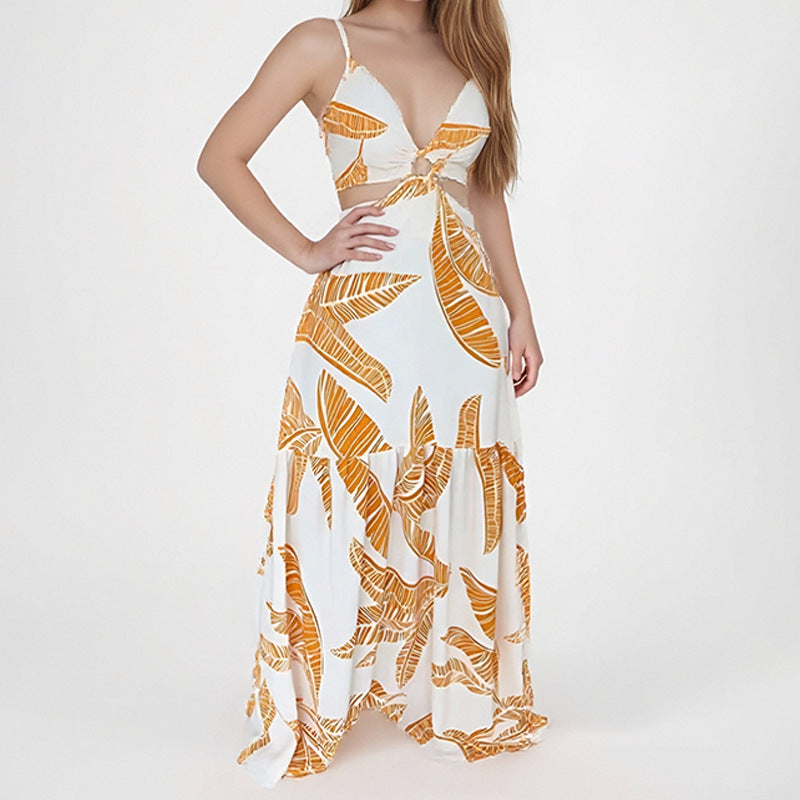 Robe longue femme – Col halter – Taille ajourée – Jupe évasée à volants – Imprimé audacieux