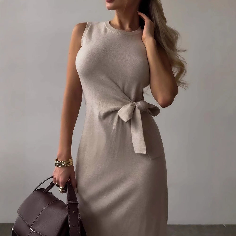 Robe midi femme – Coupe ajustée – Sans manches – Nœud à la taille – Tissu stretch