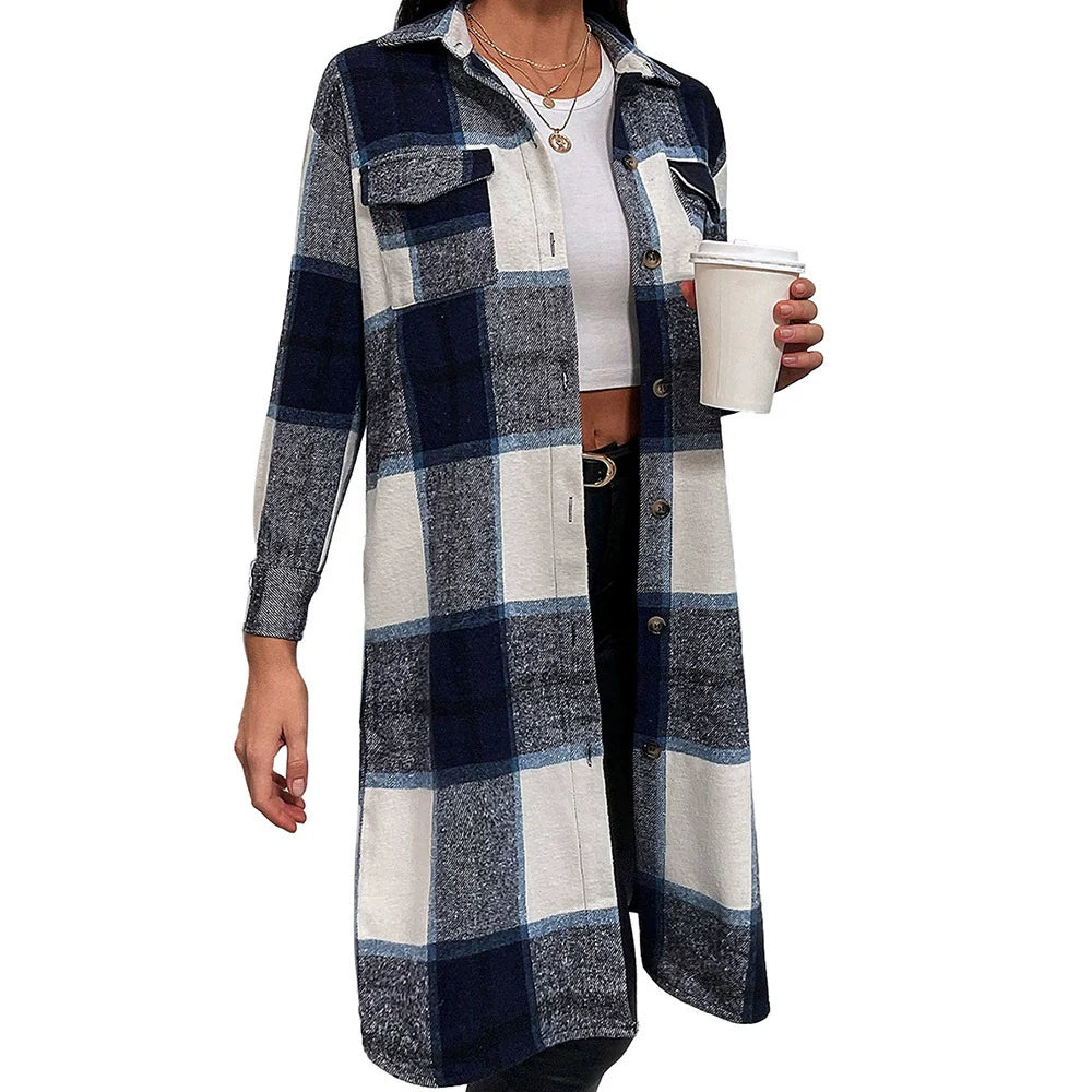 Veste Surchemise Femme – Coupe Oversize – Motif à Carreaux – Col à Revers – Longueur Mi-Cuisse