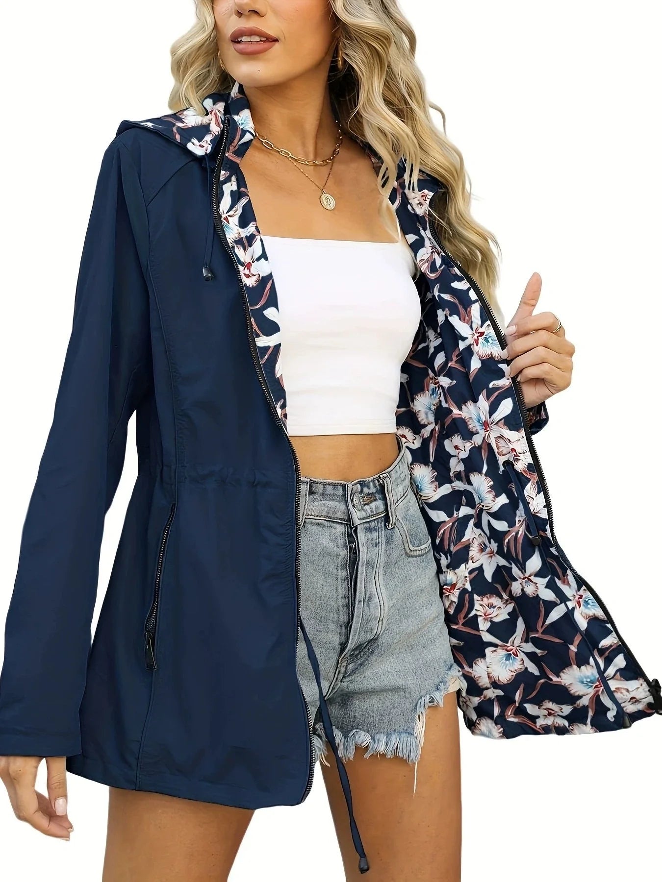 Veste coupe-vent femme – Coupe slim – Imperméable – Capuche – Doublure fleurie