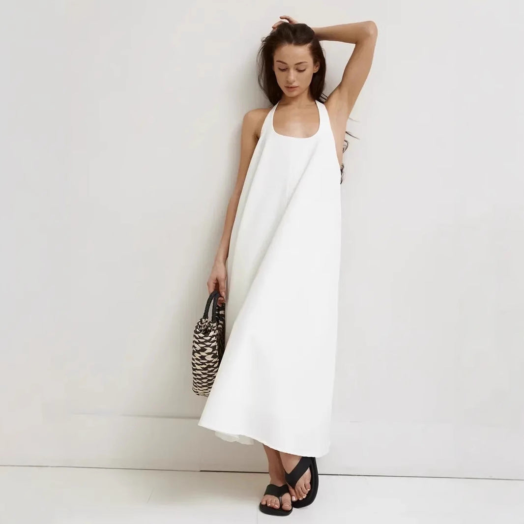 Robe midi sans manches femme – Coupe évasée – Col halter – Tissu léger respirant
