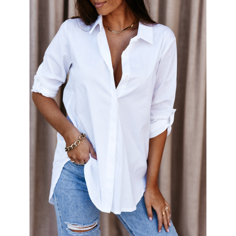 Blouse femme – Coupe décontractée – Col V – Manches longues roulables – Tissu respirant