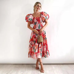 Robe longue femme – Épaules dénudées – Bustier smocké – Manches bouffantes – Tissu respirant