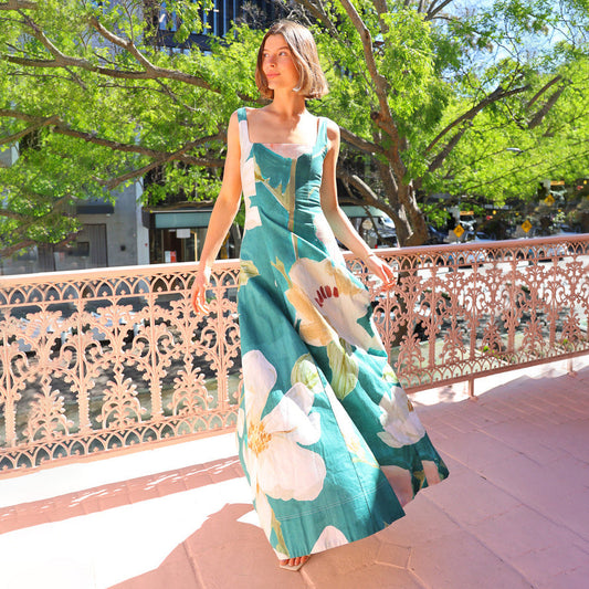 Robe longue femme – Coupe évasée – Col carré – Imprimé floral – Tissu léger