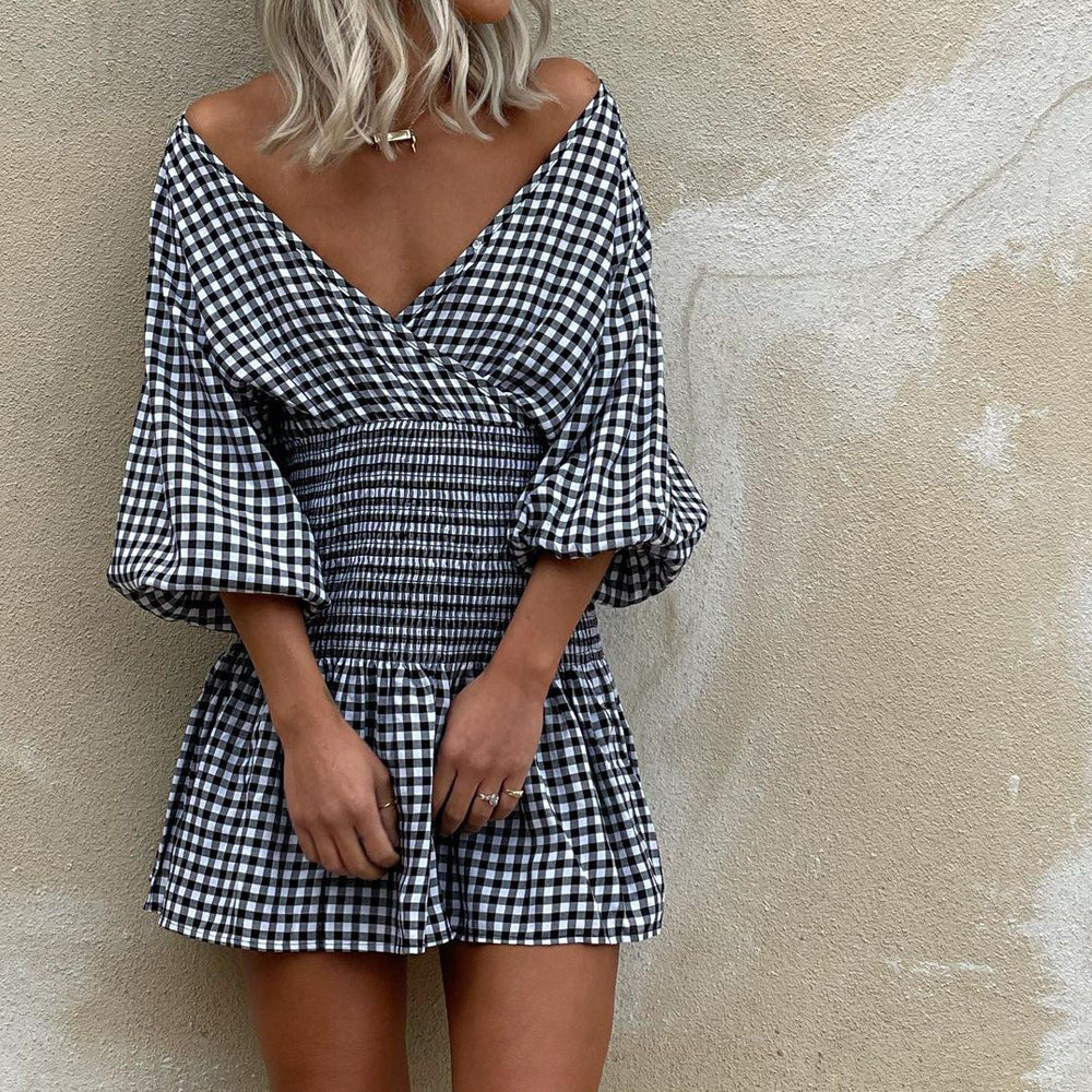 Robe Mini Femme – Coton Mélangé – Col V – Manches Bouffantes – Taille Élastique – Motif Vichy