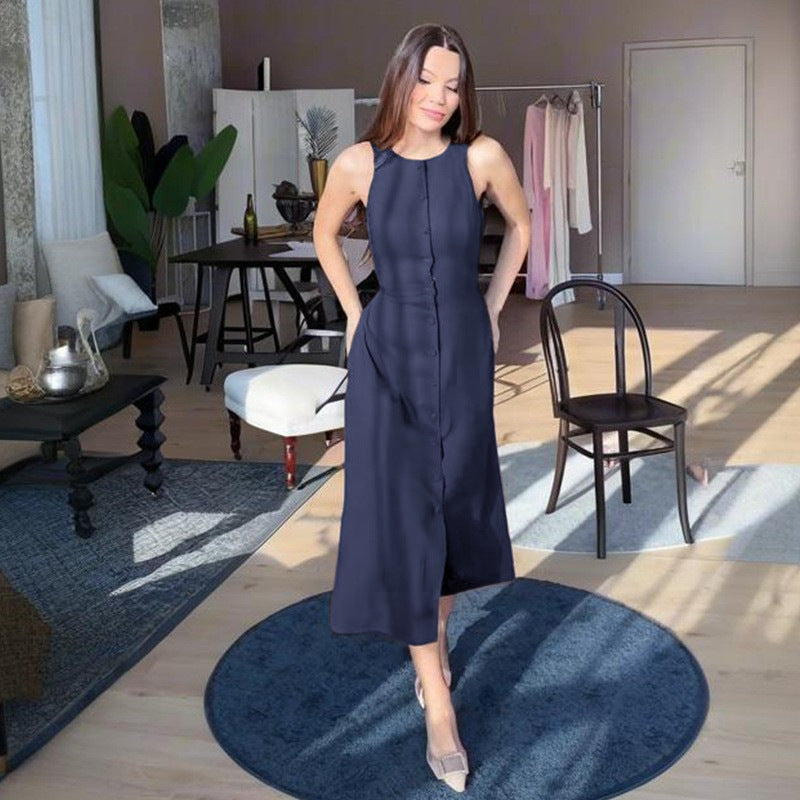Robe mi-longue sans manches pour femme - Boutonnée sur le devant