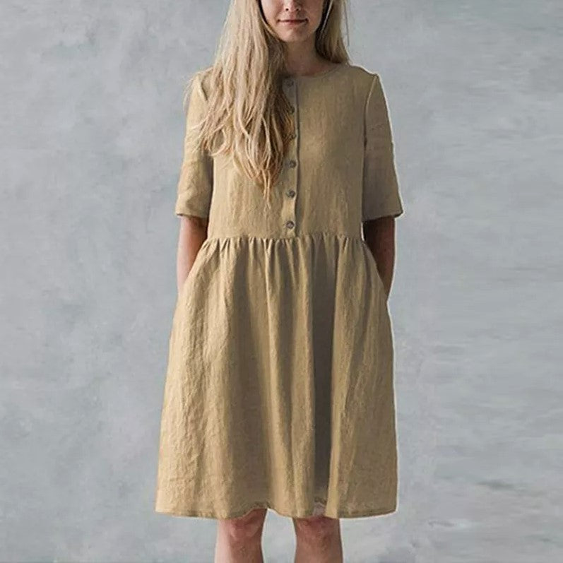 Robe midi femme – Coupe décontractée – Coton lin – Manches courtes – Boutons et poches