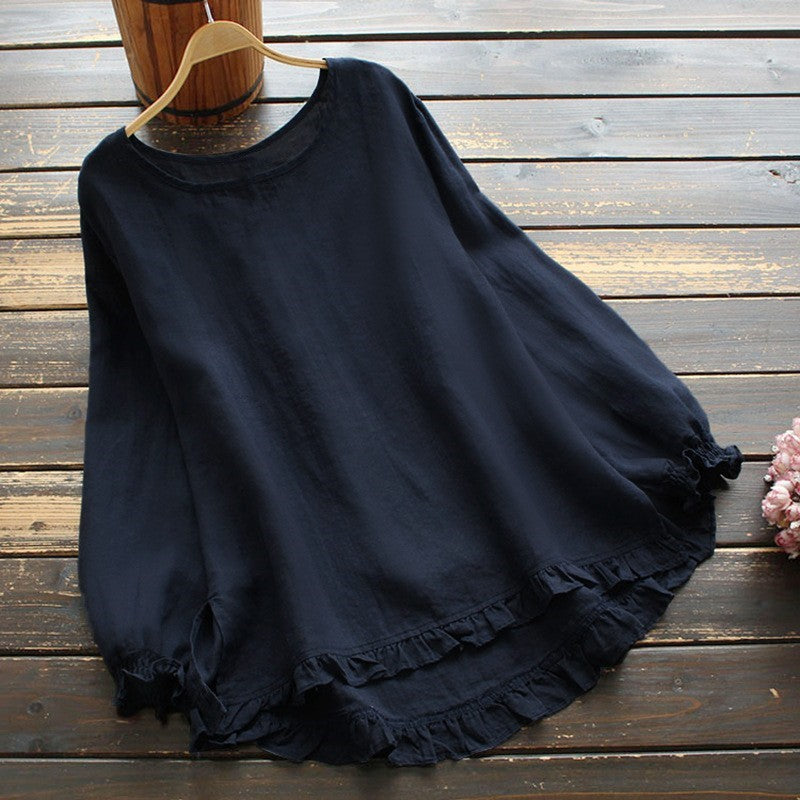 Blouse femme – Coupe ample – Manches longues – Linnen coton – Volants élégants