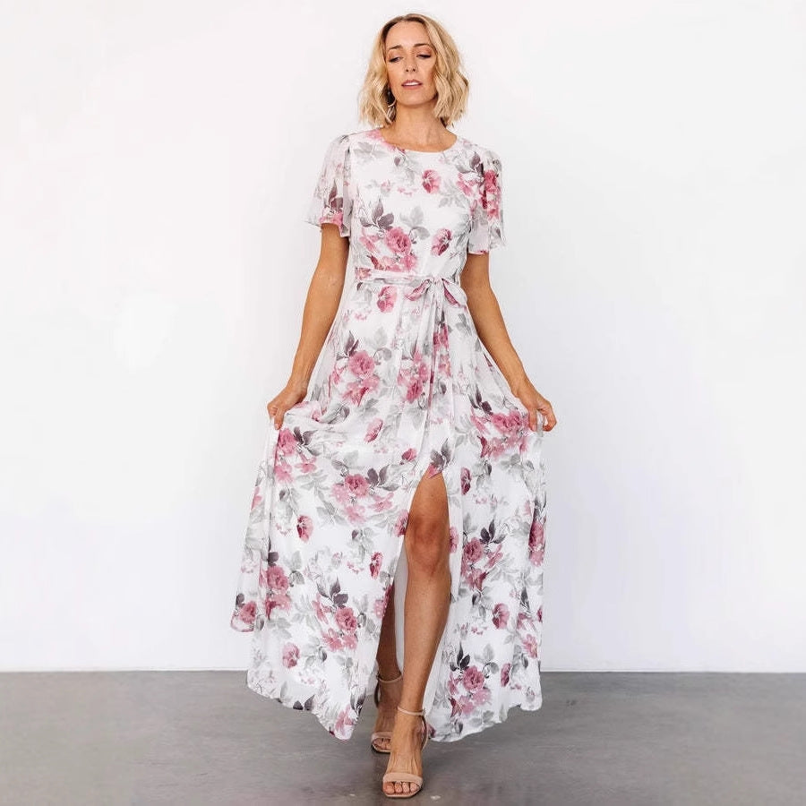 Robe longue femme – Coupe ajustée – Manches courtes – Col rond – Fente – Motif floral
