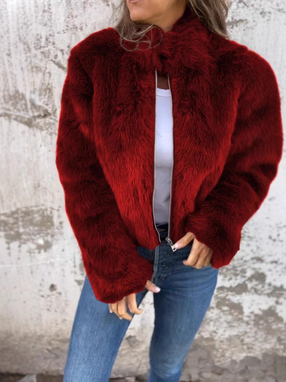 Veste femme en fausse fourrure – Coupe décontractée – Col montant – Manches longues