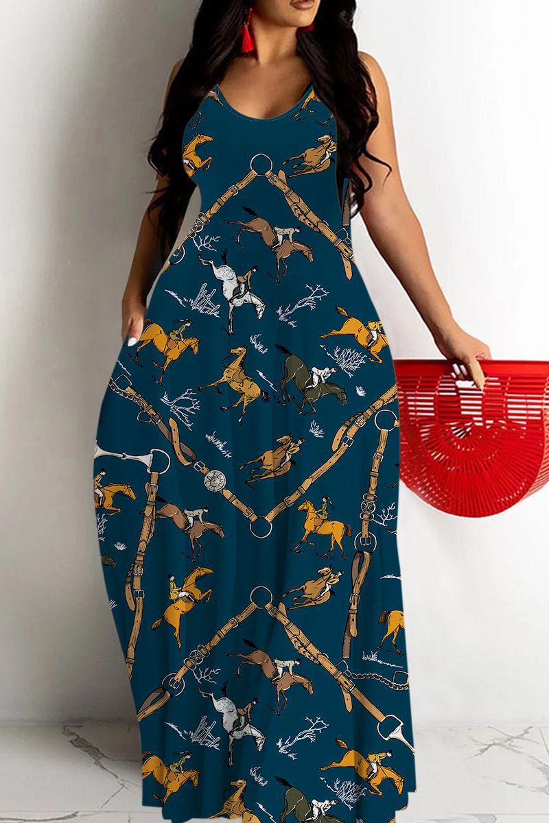 Robe longue femme – Coupe fluide – Décolleté en V – Bretelles fines – Imprimé abstrait