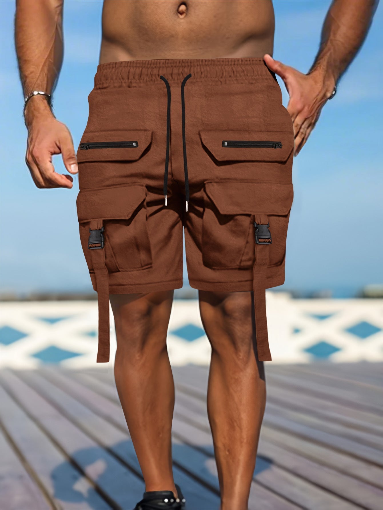 Short cargo homme – Coupe regular – Tissu respirant – Ceinture élastique – Multi-poches