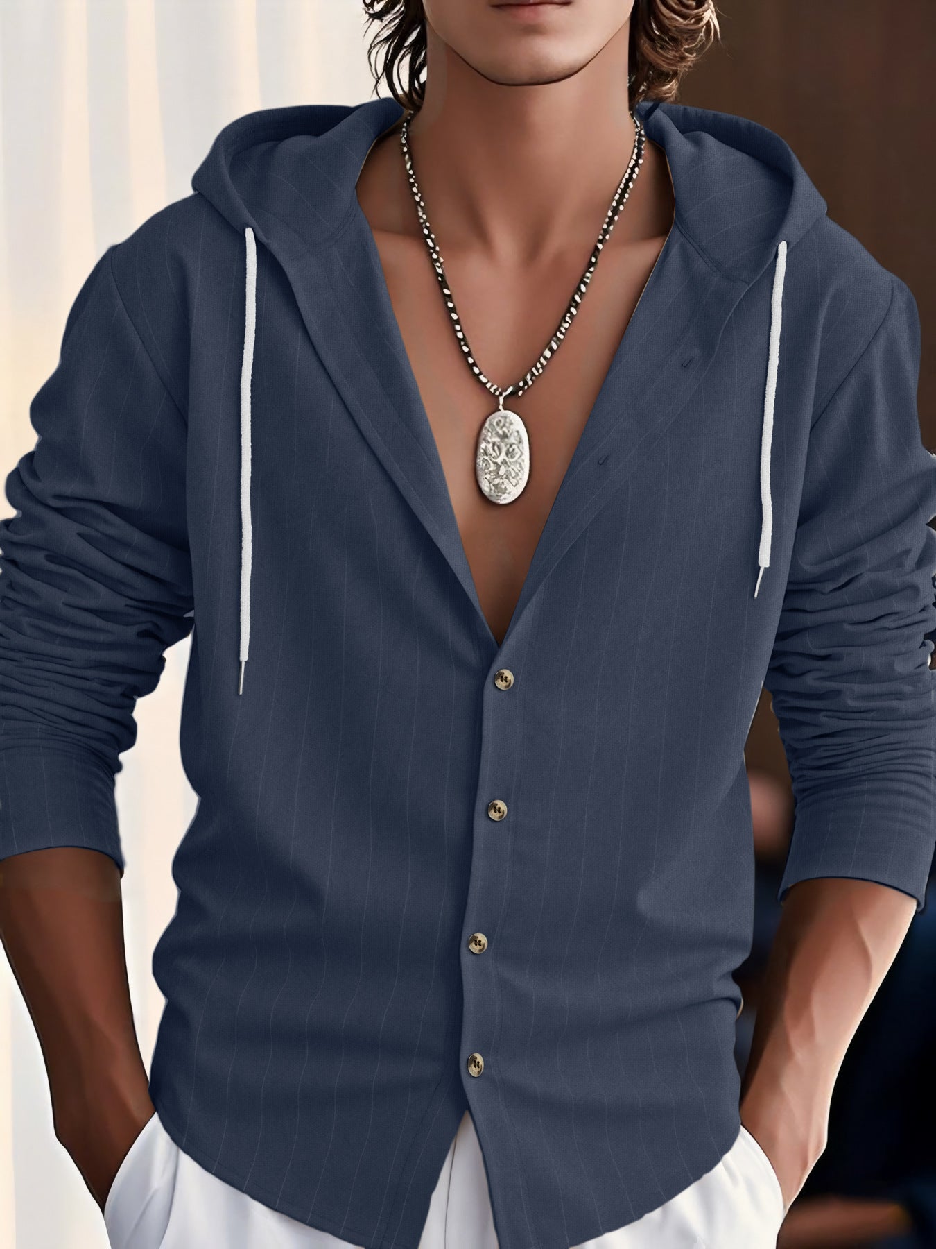 Blouse à Capuche Homme – Coupe Ample – Coton – Fermeture Boutonnée – Tissu Texturé