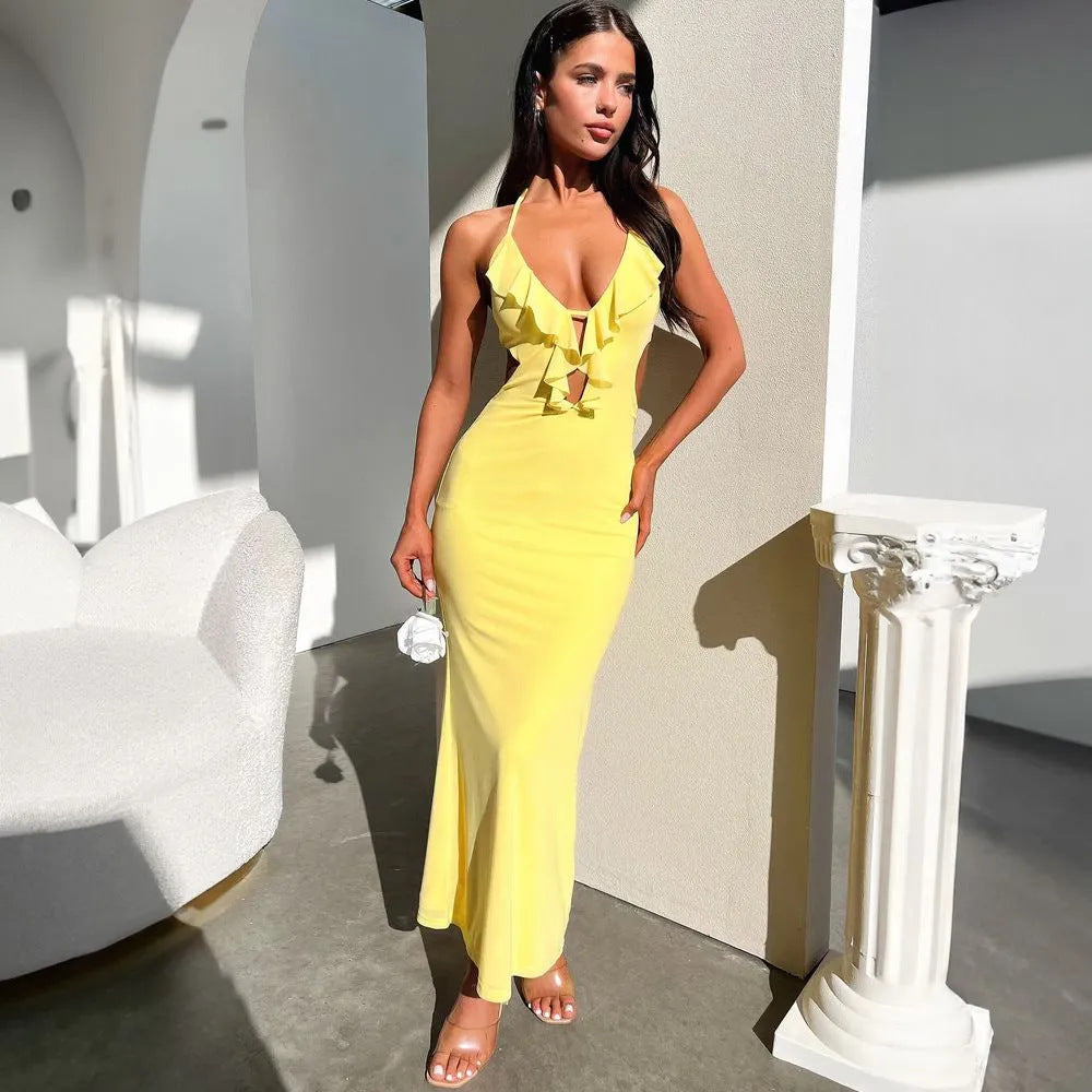 Robe longue femme – Coupe ajustée – Décolleté à volants – Découpe frontale – Bretelles réglables