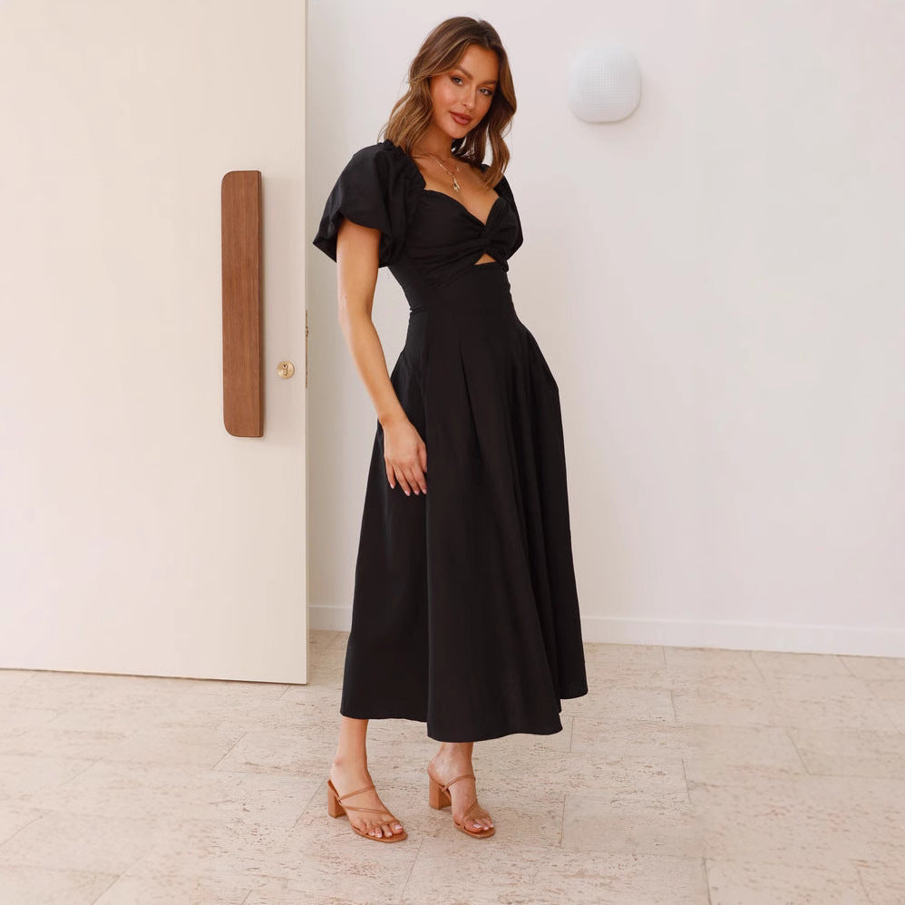 Robe femme midi – Manches bouffantes – Col en V – Coupe évasée élégante – Tissu léger