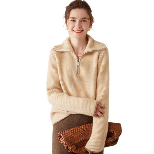 Pull femme – Laine – Coupe décontractée – Col zippé – Finitions côtelées