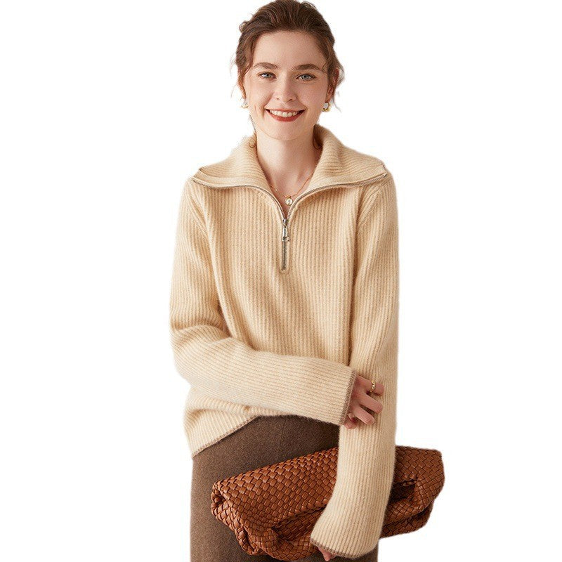 Pull femme – Laine – Coupe décontractée – Col zippé – Finitions côtelées