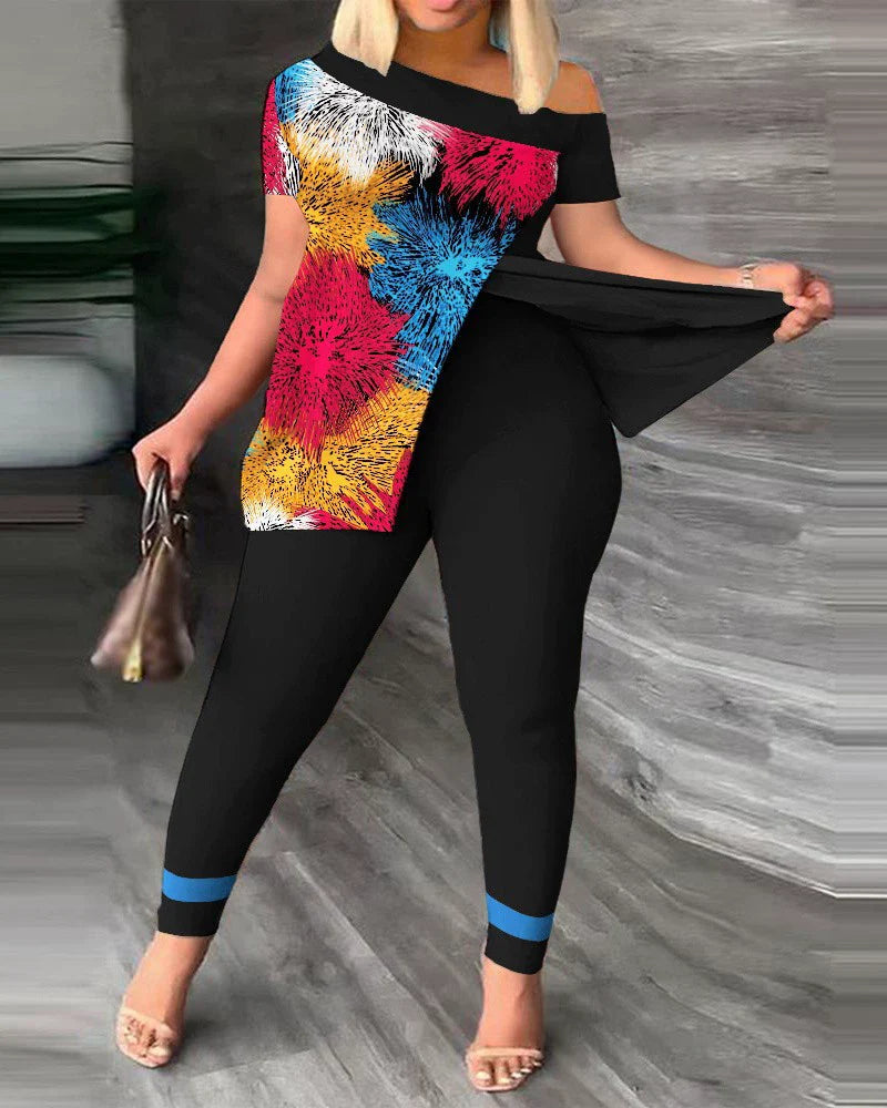 Ensemble Femme – Top Épaule Dénudée Détente – Pantalon Ajusté à Motifs – Tissu Léger