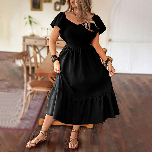 Robe longue femme – Décolleté en V – Manches courtes bouffantes – Coupe évasée – Tissu fluide coton – Ourlet volanté