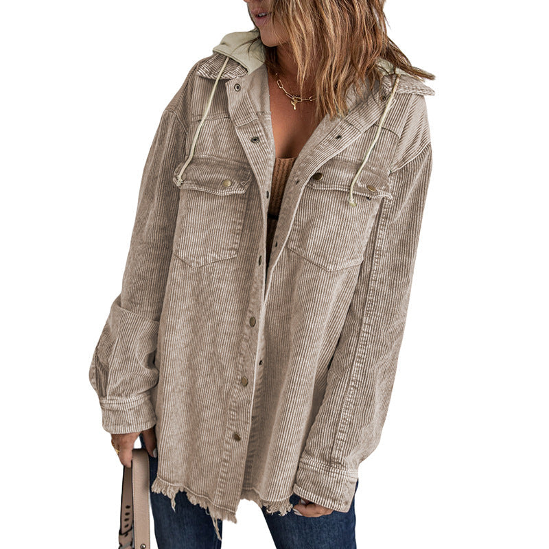 Veste à capuche femme – Coupe oversize – Velours côtelé – Ourlet effiloché – Boutons