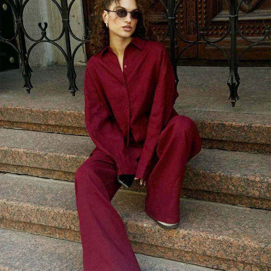 Ensemble deux pièces femme – Lin léger – Coupe ample – Haut oversize à boutons – Pantalon large