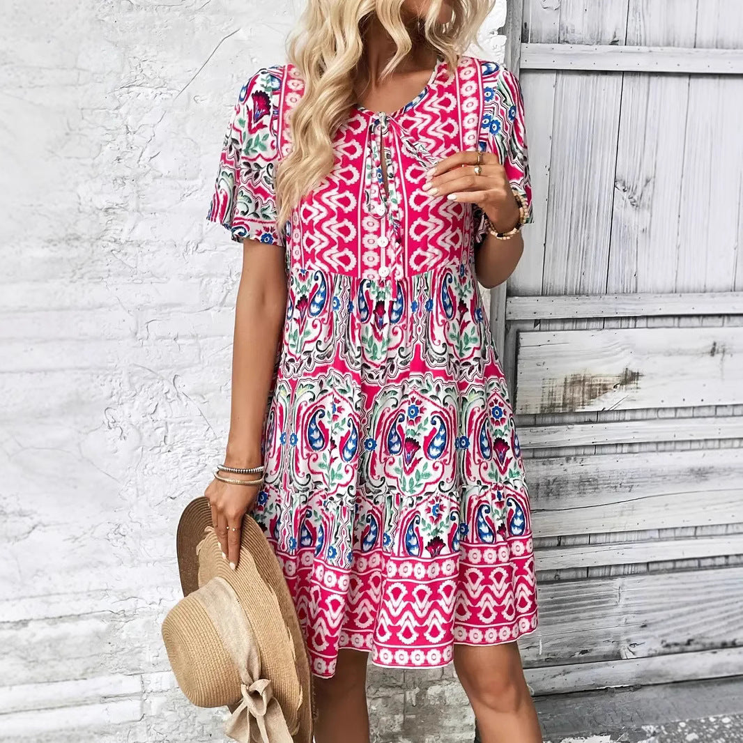 Robe femme – Coton respirant – Coupe ample – Imprimé à volants – Manches courtes