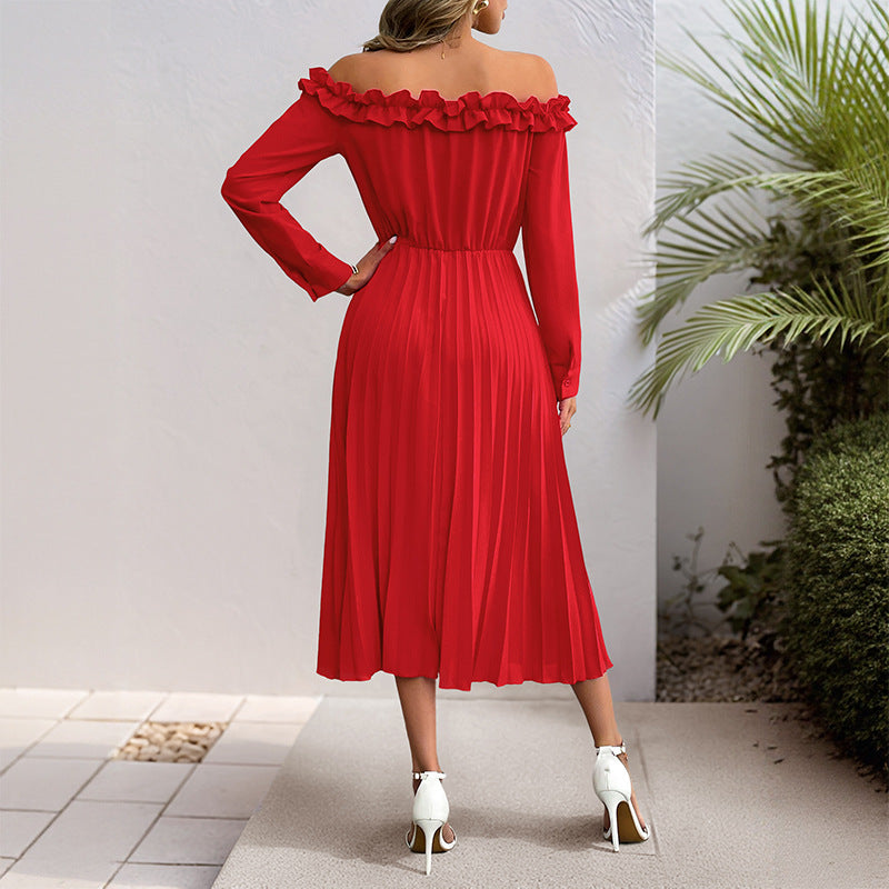 Robe femme épaules dénudées – Encolure à volants – Manches longues – Tissu fluide luxe