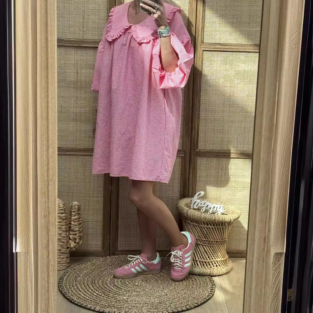 Robe Femme A-Ligne – Coton Léger – Col Claudine Volanté – Manches Bouffantes – Motif Carreaux