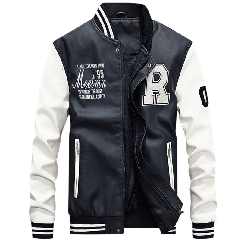 Blouson homme style varsity – Corps cuir lisse – Finition côtelée – Fermeture pression