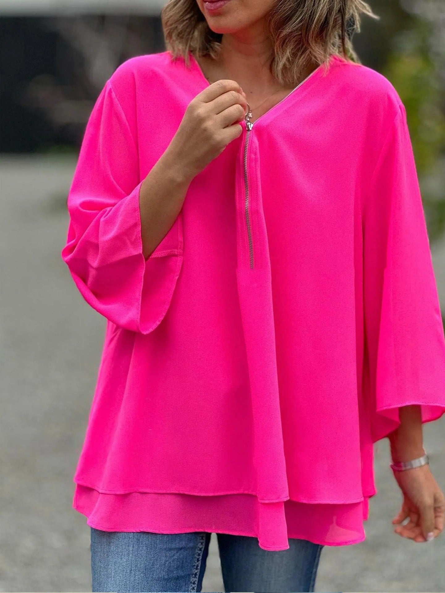 Blouse femme – Col V zippé – Coupe ample – Manches 3/4 – Tissu léger fluide