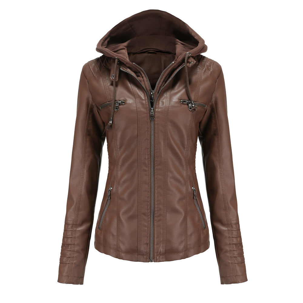 Veste à capuche femme – Simili cuir – Coupe cintrée – Capuche amovible – Poches zippées