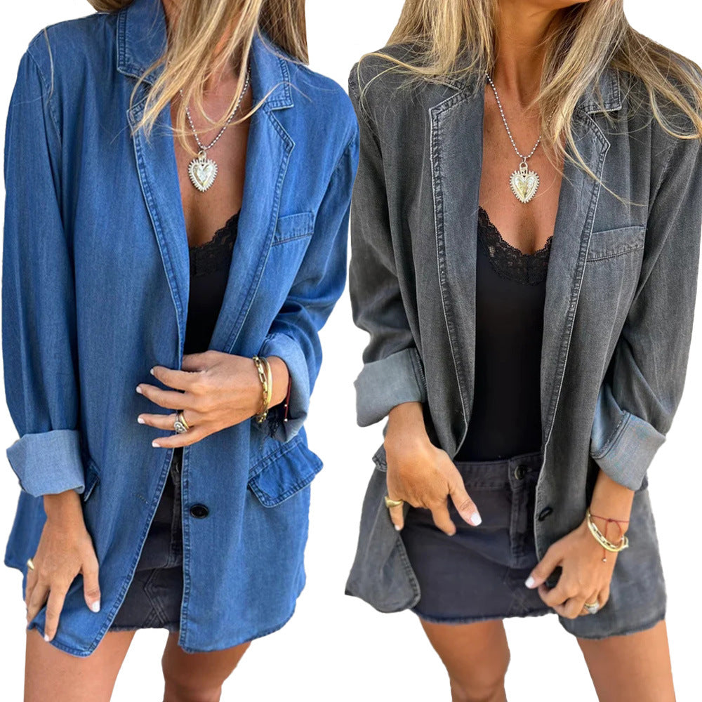 Blazer femme – Coupe décontractée – Tissu denim respirant – Fermeture un bouton
