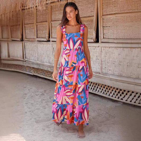 Robe longue femme – Coton respirant – Sans manches – Col carré – Jupe à volants